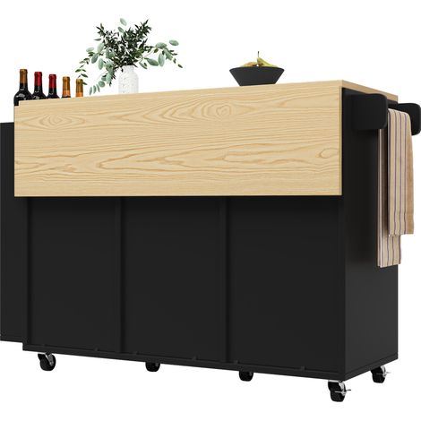 CHICFURN Isla de cocina 110x42x90 cm de MDF negro, encimera efecto madera, con ruedas (1/5)