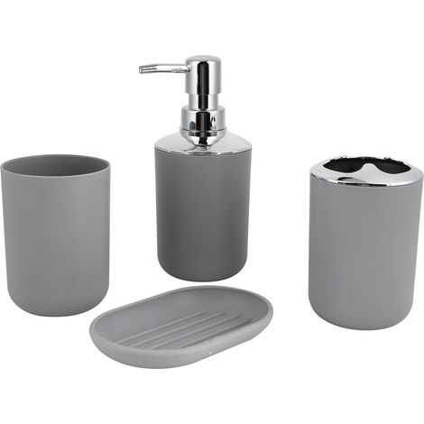 4 Pièces Kit Salle de Bain Accessoires, Bouteille de Lotion Plastique, Rangement Goblet, Récipient Rinçage, Porte-Savon Gris (1/5)