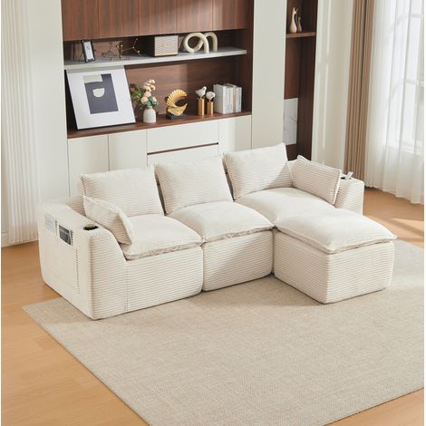 REDOM - Sofá modular de 3 plazas con reposapiés cojines y bolsillos laterales, pana beige (1/5)