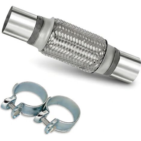 Tuyau d’échappement flexible universel double tresse en acier inoxydable, alésage intérieur 45 mm - Dimensions : 45x200x300 mm, livré avec 2 colliers de serrage inoxydables (1/5)