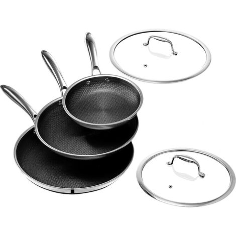 3‑er‑Set Pfannen 20‑25‑28 cm, 3‑lagiger Edelstahl‑Antihaft, Deckel, kühle Griffe, PFOA‑frei, für alle Herdarten