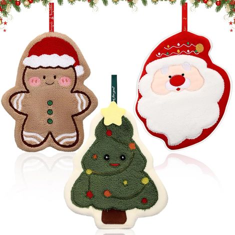 3 Pièces Serviettes de toilette de Noël pour salle de bain, Serviettes de cuisine mignonnes arbre de Noël, Chiffon à vaisselle décoratif Père Noël et bonhomme pain d'épices, Absorbant et doux, pour dé (1/5)