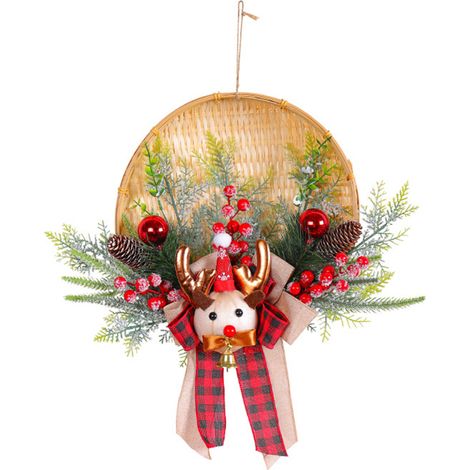 Couronne décorative (Cerf) Père Noël mignon, panier en bambou, pendentif de Noël pour porte ou cour extérieure (1/2)