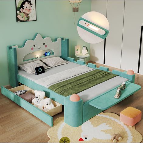 Letto imbottito per bambini 140x200 cm blu-verde in velluto con lampada da lettura, USB e cassetto (1/5)