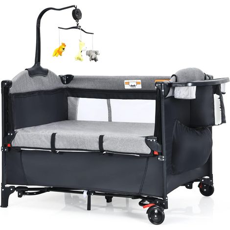 COSTWAY 5-in-1-Babybett mit Wickeltisch, 2 Ebene Babyreisebett mit 3 Spielzeug & Musikbox & Aufbewahrungstasche, 4-stufig verstellbares Beistellbett für Baby mit Rollen & Tragetasche (Schwarz)