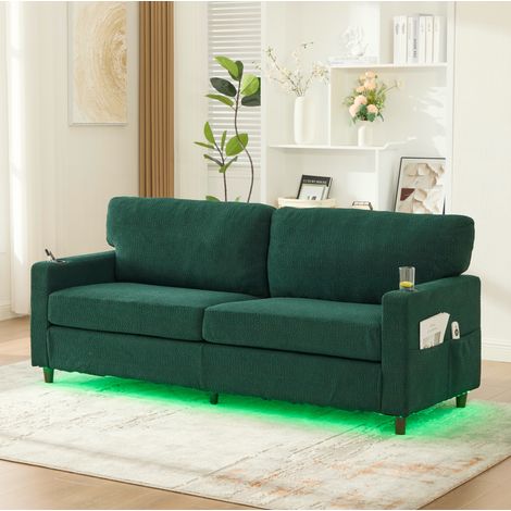Canapé 2 places 203x77,5x86 cm vert émeraude avec LED, USB-C et porte-gobelets, chenille MEUBLIV (1/5)
