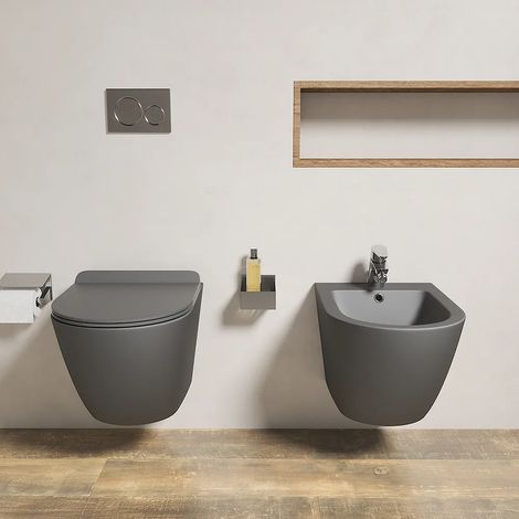 Coppia di Sanitari Sospesi in Ceramica Grigio Opaco Rimless Vaso, Sedile con Chiusura Rallentata e Bidet Mod. Parigi (1/5)