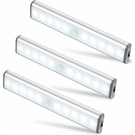 Set di 3 luci LED da 10 LED, senza fili, ricaricabili tramite USB, magnetiche, con sensore di movimento, 2 modalità di illuminazione, portatili. Luce per armadio, luce di emergenza, luce notturna per 