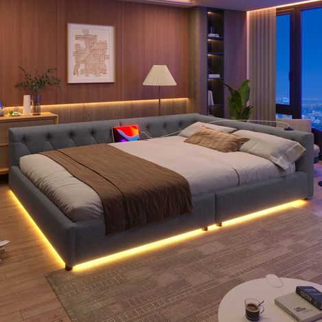 Divano letto in lino grigio 140x200 cm con rete a doghe, LED 7 colori, USB e Type-C (1/5)