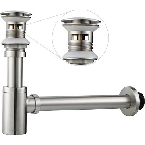 Ensemble complet de siphon en P pour lavabo de salle de bain, siphon réglable de 1-1/4 po, tube de vidange en laiton et bonde de lavabo escamotable avec trop-plein, nickel brossé (1/4)