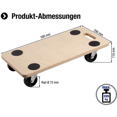 Metafranc Transportroller 590 x 290 mm - 200 kg Tragkraft - Sperrholz - PP-Räder (1/4)