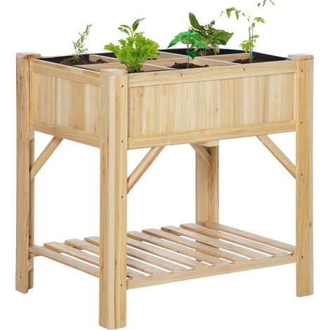 Huerto elevado, madera maciza de abeto, 78,5 cm x 58 cm x 81 cm, 6 compartimentos, diseño elevado, malla de drenaje transpirable. (1/5)