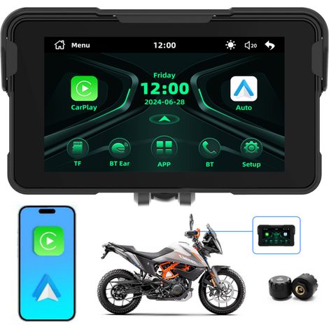 GPS Moto 5 Pouces avec CarPlay Sans Fil, Écran Amovible, Étanche IP67, Navigation 12V pour Moto