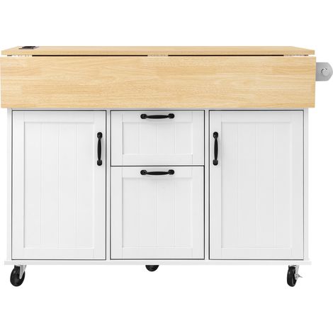 Îlot de cuisine roulant blanc, table extensible, tiroirs et porte‑serviettes – Prise électrique intégrée, idéal pour cuisine et salle à manger