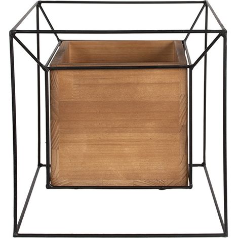Porte-plante Carré en Fer et Bois Style Industriel Support Pot de Fleurs Noir 26 x 26 x 26 cm - PANGIVO (1/3)