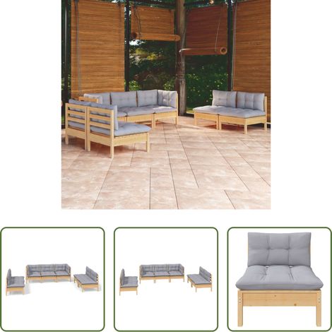 Terrassensofa - 7-tlg. Garten-Lounge-Set mit Grauen Kissen Kiefer Massivholz (1/5)