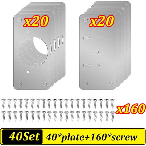 Kit de réparation de charnières de porte d'armoire (40 pièces) : plaque de montage en acier inoxydable, outil de réparation inclus. (1/5)