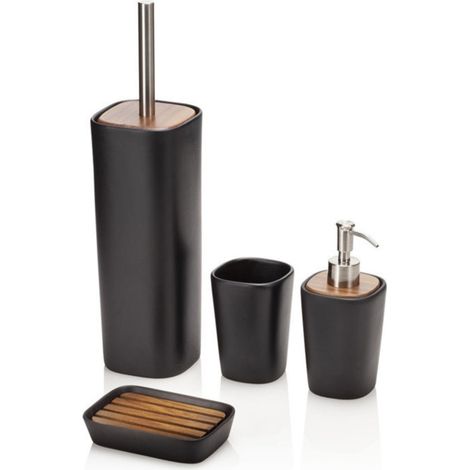 Set accessori da bagno ceramica nero opaca e legno di noce Rodi