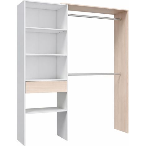 Armadio Guardaroba Con 2 Barre Appendiabiti 4 Ripiani E Cassetto Armadietto Mobile Salvaspazio Reversibile per Camera Cameretta Cabina Armadio 187 x 40 x 158 Cm Bianco Opaco e Rovere