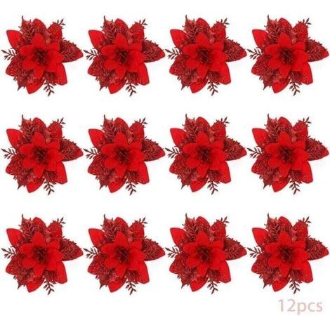 Fiori di Natale, 12 fiori di Natale glitterati, fiori di Natale glitterati cavi, stella di Natale artificiale, decorazione per albero di Natale (rosso-B) (1/4)