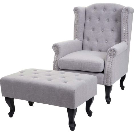 Fauteuil de luxe Chesterfield, fauteuil à oreilles, tissu hydrofuge, gris avec ottomane