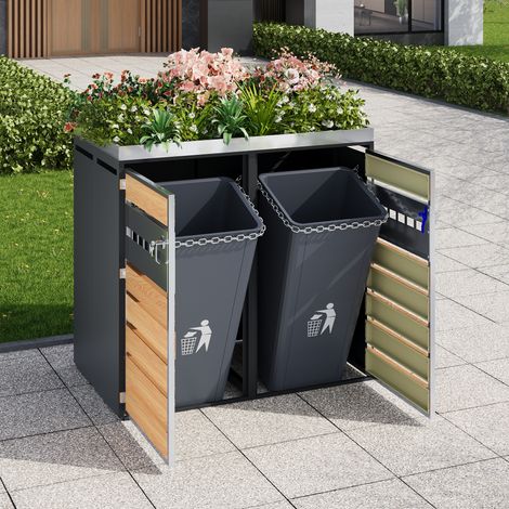 Coffre de rangement extérieur pour poubelles, sécurisé avec cadenas, double porte, bac à plantes intégré, système aéré (1/5)
