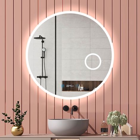 LED Badspiegel Rund Spiegel mit Beleuchtung Badezimmerspiegel Touch Beschlagfrei, Uhr, 3-Fach Vergrößerung Kosmetikspiegel, 3 Lichtfarben Dimmbar, Farbtemperatur und Helligkeit Memory Funktion 60cm (1/5)