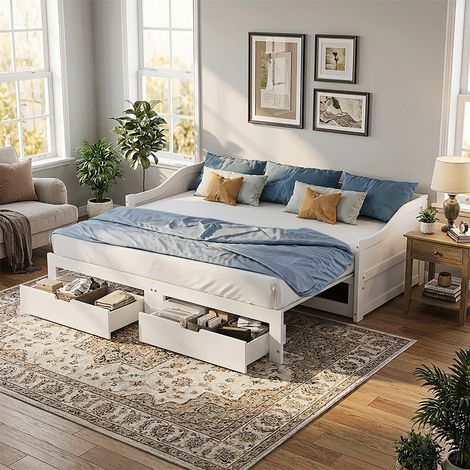 VASIEN –Canapé-lit gigogne et 2 tiroirs 90/180x200 cm en bois massif,lit Banquette,lit simple et double,lit extensible avec sommier à lattes,gain de place,pour enfant,adulte,Blanc (1/5)