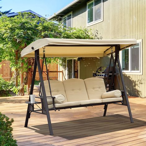 Balancelle Hollywood 3 places avec auvent, beige et marron, 121 x 208 x 172 cm (1/5)