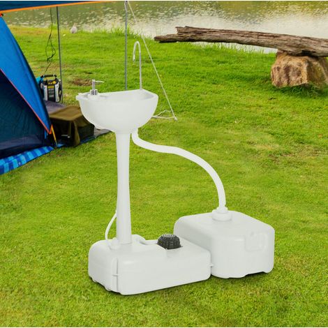 Lavabo portatile da campeggio 17 L in HDPE grigio chiaro con pompa a pedale e ruote (1/5)