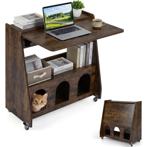 Bureau Informatique Mobile, avec Panneau Pliant, Étagére de Rangement, 4 roulettes, Poste de Travail Gain de Placepour Bureau, Chambre, Marron (1/5)