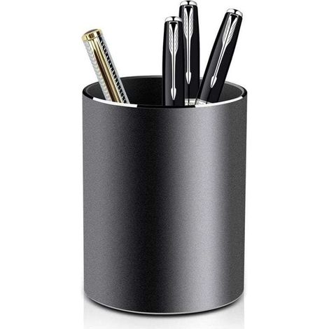 Porte-stylo rond en métal, porte-stylo en aluminium, convient aux bureaux, aux chambres et aux écoles - 8 x 10 cm - design noir élégant. (1/4)