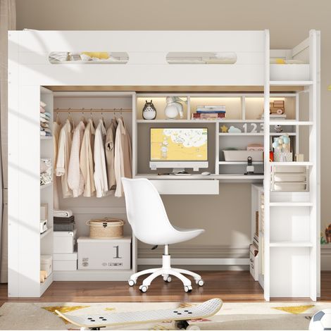 Etagenbett 90x200 cm weiß mit integriertem Schreibtisch, Schublade, LED und offenem Kleiderschrank (1/5)