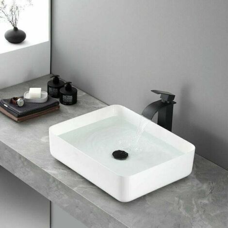 NALOOKAMIC Robinet Salle de Bain Cascade, Moderne Robinet Lavabo Noir Haut Cascade, Mitigeur Lavabo avec Bec Hauteur 232 mm, Robinetterie Carré en Laiton Eau Chaude et Froide Disponible G 3/8