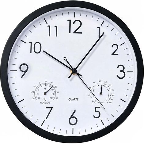 30cm Round Non-Ticking Quartz Wall Clock, Weatherproof with Thermometer and Hygrometer, Wall Clock for Kids, Bedroom (1, Black, 30cm) (1/5)