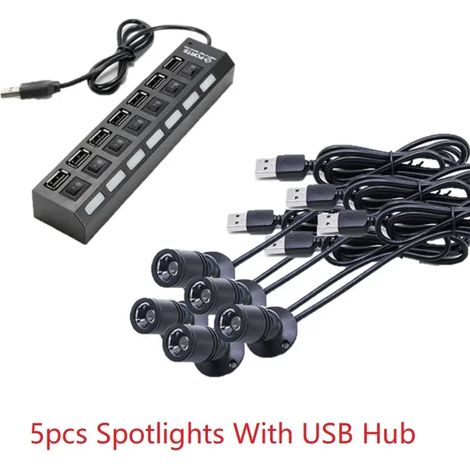 (5 avec hub USB - 1 W, boîtier noir - FR - lumière bleue) MINI Spot LED USB 5 V pour vitrine, garage, maquette de voiture, exposition, décoration de vitrine en verre 1 W 3 W (1/5)
