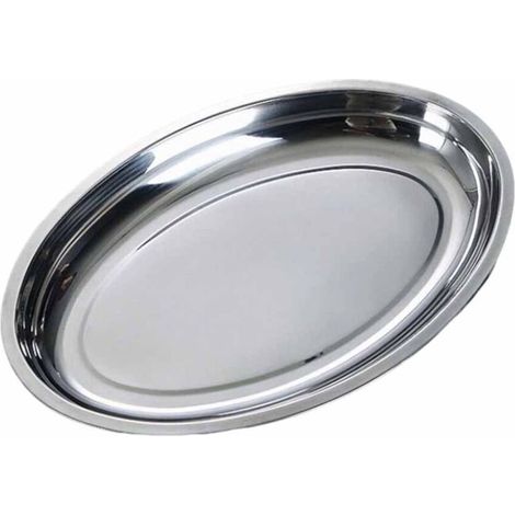 Plat ovale en acier inoxydable avec plateau argenté, mesurant 30,3 x 19,5 x 3 cm, conçu pour le service des aliments. Facile à nettoyer et polyvalent, avec un rebord élargi. (1/5)