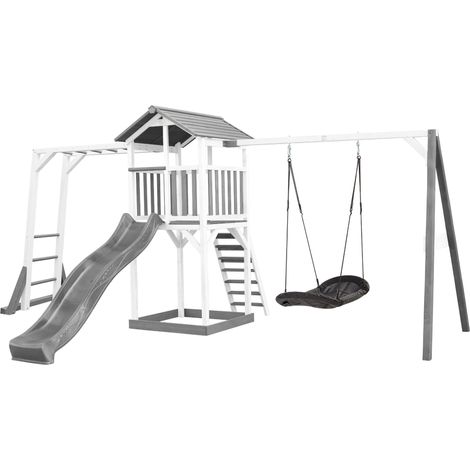 Axi Beach Tower Aire De Jeux Avec Toboggan En Gris, Cadre D'Escalade, Balançoire Nid D'Oiseau Noir & Bac À Sable  Grande Maison Enfant Extérieur En Gris & Blanc  Cabane De Jeu En Bois Fsc