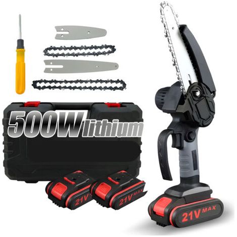 Mini tronçonneuse 4 pouces 6 pouces tronçonneuse portable avec verrouillage de sécurité 2 chaînes tronçonneuse électrique à piles rechargeable 21 V sans fil pour les branches coupe de bois coupe d'arb