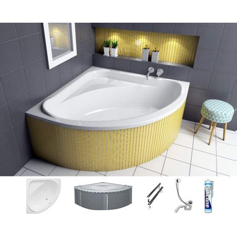 ECOLAM Baignoire d'angle asymétrique Standard Polimat 140x140 cm + boîtier universel en polystyrène  siphon et silicone (1/5)