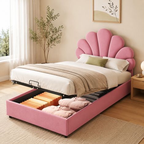 Cama tapizada 90/200 cm rosa con arcón hidráulico, cabecero floral regulable y somier de láminas (1/5)