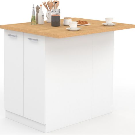 Idmarket – Îlot central de cuisine 100 cm blanc – Plan de travail façon hêtre – Rangement intégré avec 2 portes – Dimensions L. 100 x l. 80 x H. 90 cm
