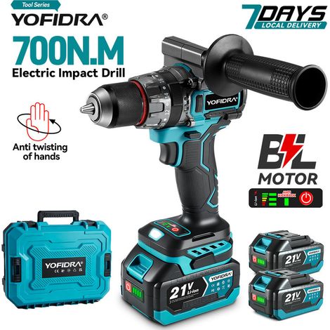 YOFIDRA Perceuse à percussion sans fil brushless 700 N·m – Tournevis électrique pour travail du bois et plaques, compatible batterie Makita