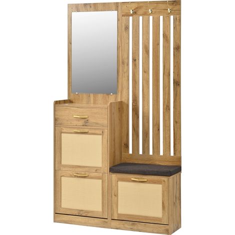Penderie d'entrée compacte avec miroir, banc, meuble à chaussures et crochets, rangement pratique pour couloir (1/5)