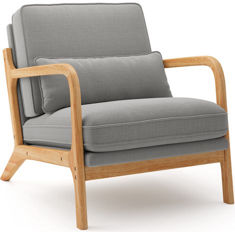 Fauteuil de Salon Bealife en Bois avec Coussins en Lin pour Chambre Coin Lecture Balcon 82×65×75 cm Gris Clair