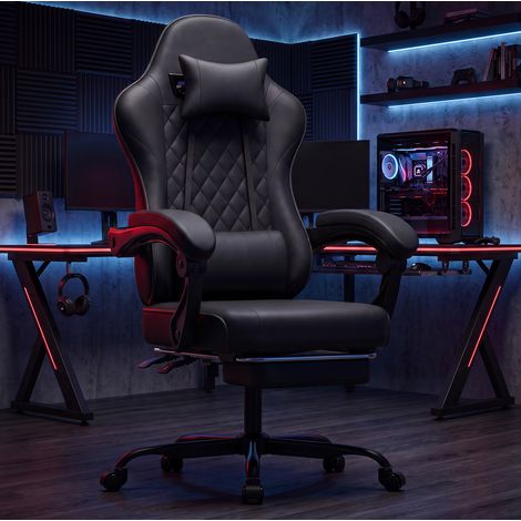 Silla gaming 54x66x121-131 cm de PVC negro con reposapiés retráctil para oficina – MEUBLIV (1/5)