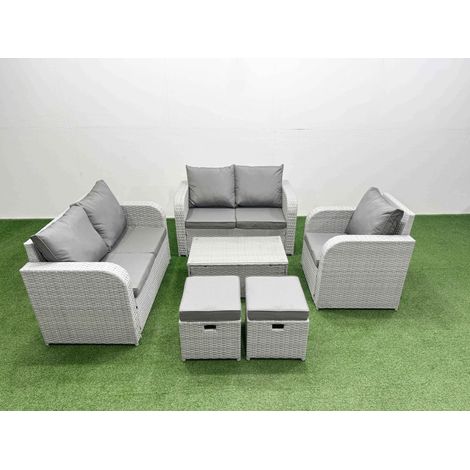 Fimous High Back Poly Rattan Garden Furniture Set with Reclining Chair Loveseat Sofa Rectangular Coffee Table Indoor Outdoor Patio Set 2 Stool Light Grey (1/4)