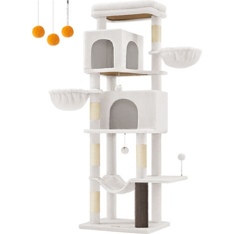 Feandrea – Arbre à chat 175 cm – Multi-niveaux avec 2 niches, 2 paniers, 5 griffoirs – Dispositif auto-toilettage et kit anti-bascule inclus – Blanc crème