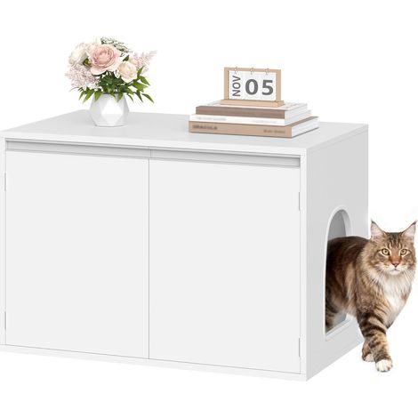 Mobile Lettiera per Gatti, Mobiletto Lettiera Gatto, Casa per Gatto, Con Porta e Divisorio Separato, Bianco