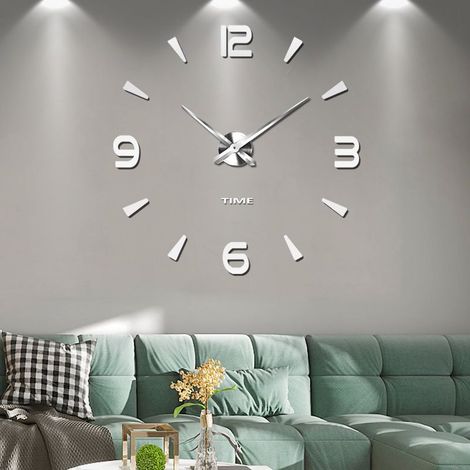 Pendules murales Horloge murale bricolage 3D sans cadre XXL autocollants de miroir muet décoration d'école de bureau à domicile (garantie de 2 ans) (argent-73) (1/5)